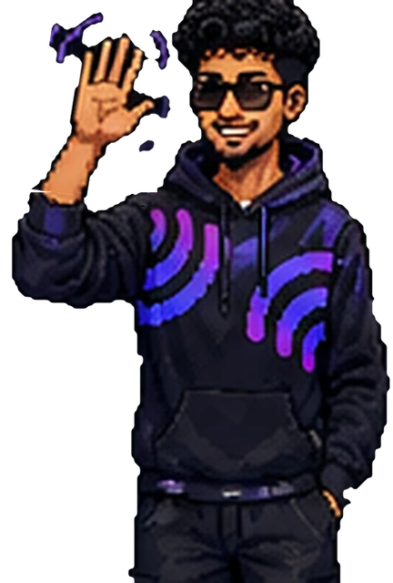 Pixel-art illustration of me waving, wearing a black hoodie with purple graphics