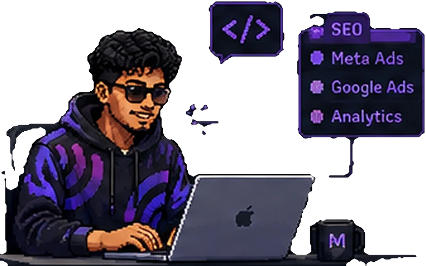 Pixel-art illustration of me working on a laptop beside SEO, Meta Ads, Google Ads and Analytics